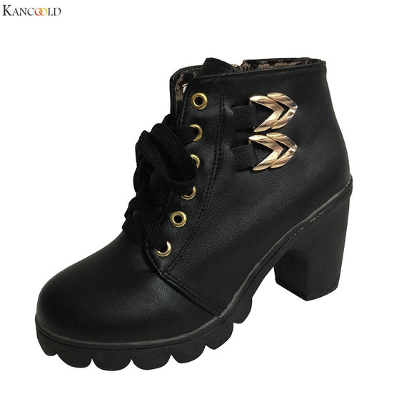 KANCOOLD Shoes Women 2019 Pure Color Square Heel Lace-Up ankle boots for women Suede Boots Retro Boots Round Toe Shoes female