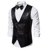 Mens Black Sequins Nightclub Vest with Bowtie Slim Fit Wedding Prom Waistcoat Men DJ Bar Stage Singer Vest Men Chaleco Hombre
