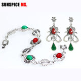 SUNSPICE MS New Bohemia Ethnic Natural Stone Bracelet Dangle Earrings Set antique Silver Color Eye Link Charm Vintage Jewelry