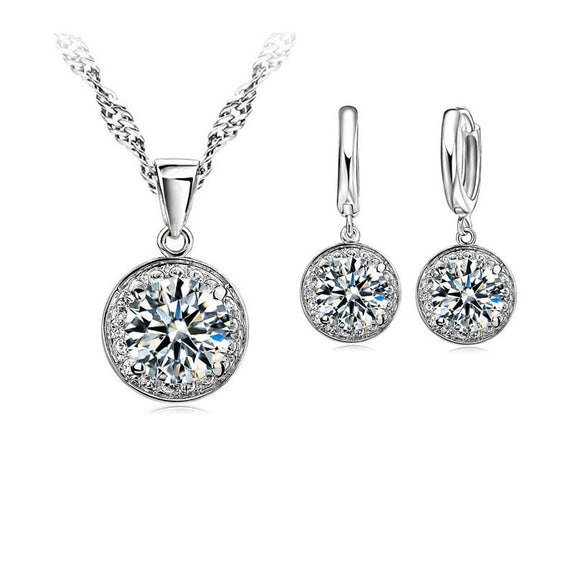 Real Pure 925 Sterling Silver Jewelry Sets Big Round CZ Diamond Pendant Necklaces Hoop Earrings New Wedding Fine Gift