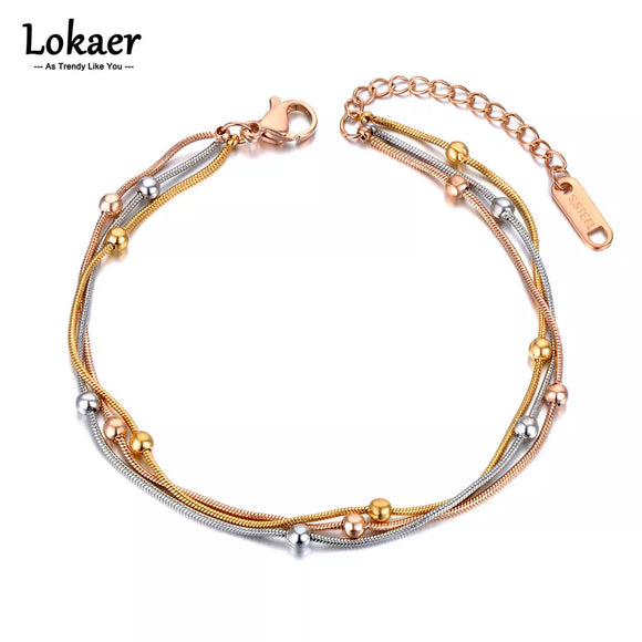 Lokaer Titanium Stainless Steel Three Gold Color Bracelet Fashion Bohemia Three Layers Beaded Chain Bracelet For Women B21082