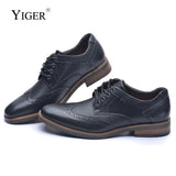 YIGER Men's Dress shoes Brogue Business shoes Man Cowhide Oxford shoes Male Formal Lace up shoes Casual Genuine Leather Bullock