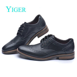 YIGER Men's Dress shoes Brogue Business shoes Man Cowhide Oxford shoes Male Formal Lace up shoes Casual Genuine Leather Bullock