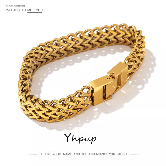 Yhpup Unisex Jewelry Stainless Steel Cuban Link Chain Bracelet Bangle Man Women 18K Plated Gold Heavy Metal Waterproof Bijoux