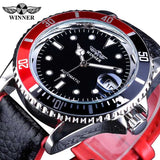 Winner 2018 Fashion Black Red Sport Watches Calendar Display Automatic Self-wind Watches for Men Luminous Hands Genuine Leather