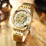 Gold Dragon Automatic Mechanical Wristwatches Full Stainless Steel Strap Luminous Luxury Crystal Skeleton Wristwatches Gifts Box