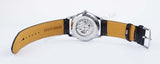 Men&#39;s Fashion Black Leather Strap Band Silve and Black Dial Automatic Self-Winding Skeleton Watches