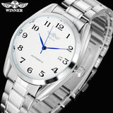 2017 WINNER famous brand men fashion automatic self wind watches white dial transparent glass silver case stainless steel band