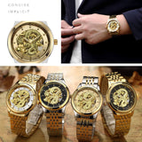 Gold Dragon Automatic Mechanical Wristwatches Full Stainless Steel Strap Luminous Luxury Crystal Skeleton Wristwatches Gifts Box