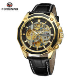 Fashion FORSINING Top Brand Men Skeleton Mechanical Watch Reloj Hombre Automatic Movtment Man Clock Genuine Leather Luxury Gold