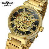 Fashion Winner Top Brand Retro Roman Gold Skeleton Mechanical Men Luminous Hands Relogio Gold Stainless Steel Transparent Watch