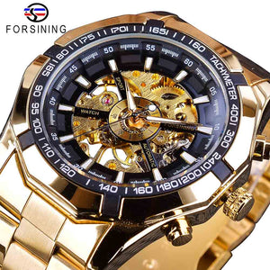 Forsining Sport Racing Series Stainless Steel Black Golden Dial Top Brand Luxury Skeleton Watches Men Automatic Watch Clock Men