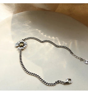 ANENJERY Fashion Retro Daisy Flower Bracelet Silver Color Link Chain Adjustale Bracelet Gift Party Jewelry for Women Men S-B410