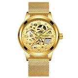 FNGEEN Gold Automatic Watch Men Stainless Steel Strap Skeleton Mechanical Watches Top Brand Luxury Luminous Pointer Watch 6018
