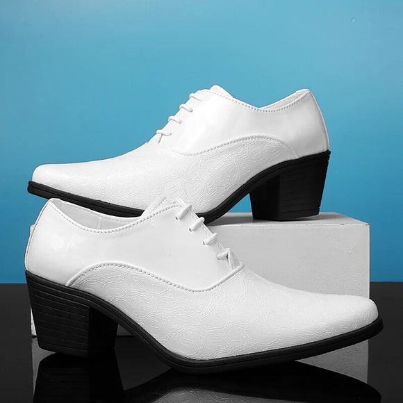 Fashion High Heel Men White Dress Shoes Leather Glitter Men Oxfords Shoes Pointed Toe Lace-up Men Formal Shoes Zapatos Hombres