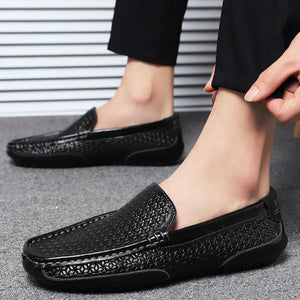 Men's 2023 New Leather Shoes Hollow Sandals Summer Breathable Hole Shoes Men Slip-ons Casual Business Dress Shoes Loafers Men