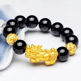 Feng Shui Obsidian Stone Beads Bracelet Men Women Wristband Gold Color Black Pixiu Wealth Lucky Changing Health Wrist Bangles