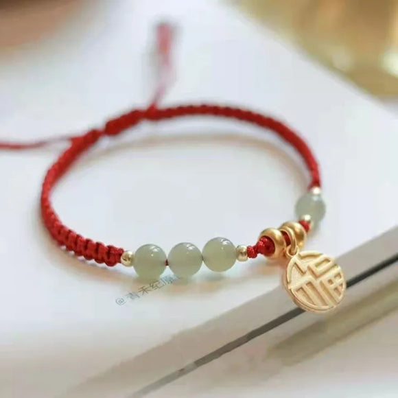 Chinese Character Blessing Round Charm Aventurine/Hetian Jade Red Rope Chain Braid Woven Bracelets Women Fashion Jewelry YBR689
