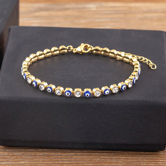 Nidin Lucky Evil Eye Shiny Charm CZ Tennis Bracelet for Women Crystal Zircon Jewelry Adjustable Gold Plated Chain Bangle Gift