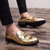 Fashion Pointed Men Dress Shoes Plus Size 47 Tassel Design Party Men Golden Shoes Comfortable Withoutlace Mens Leather Loafers