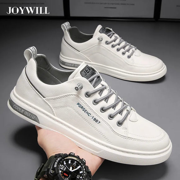 JOYWILL Fashion Men's Leather Shoes Wear-Resistant Men's Casual Sneakers Comfortable Flat Slip-On Trendy Outdoor Sports Shoes
