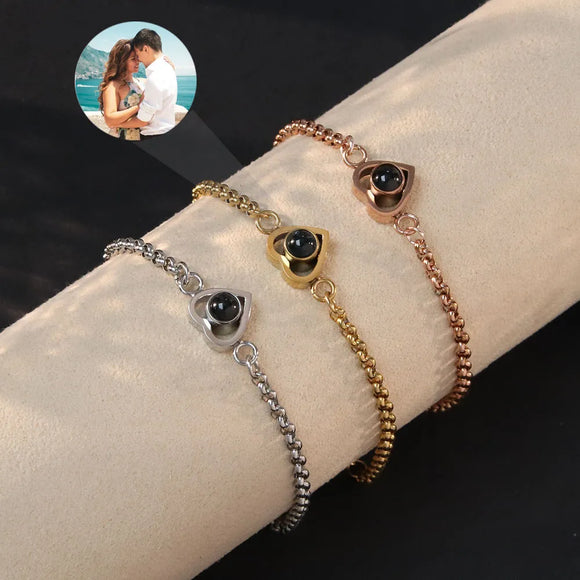 Silver/Gold Color Projection Photo Heart Bracelet with Stainless steel a chain Heart Bracelet Bangle Jewelry for Men Women Gift