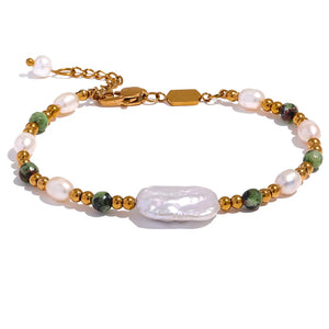 Yhpup Luxury Baroque Natural Epidote Stone Freshwater Pearls Handmade Stainless Steel Beads Bracelet Bangle PVD Jewelry Women