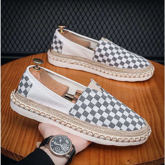 2023 Men Canvas Casual Shoes for Man Spring Summer Fashion Checkered Flat Fisherman Shoes New Design Slip-on Loafers