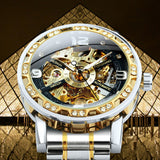 Forsining Gold Skeleton Mechanical Watches Luxury Diamond Case Luminous Hands Business Watch for Men Stainless Steel Strap 2023