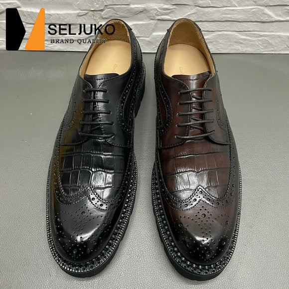 2023 New British Carved Men's Shoes Lace up Derby Thick Sole Shoes Casual Men's Leather Shoes