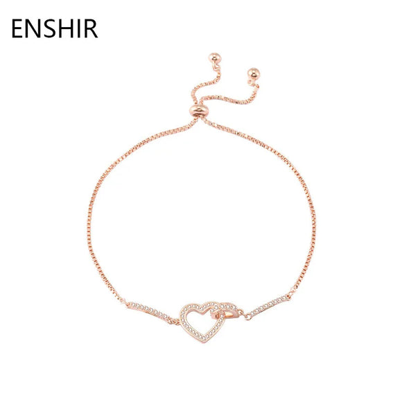 ENSHIR Rose Gold Plated Love Heart Bracelet for Women Shiny Cubic Zircon Box Chain Bracelet Jewelry