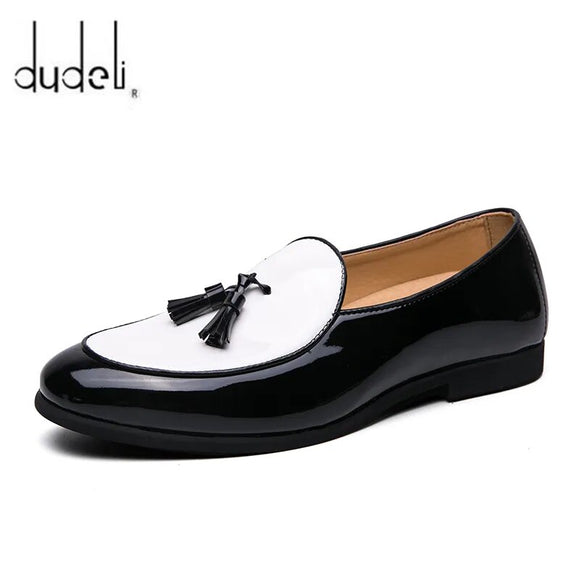 LUXURY LOAFERS ELEGANT MEN DRESS WEDDING OFFICE SHOES SUEDE PATCHWORK PATENT LEATHER SLIP ON TASSEL LOAFER FOR MEN CASUAL SHOES