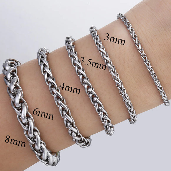 3/4/6/8/10mm Men Women Bracelet Gold Silver Color Stainless Steel Wheat Link Chain Bracelets Male Jewelry Gifts Wholesale DKBM08