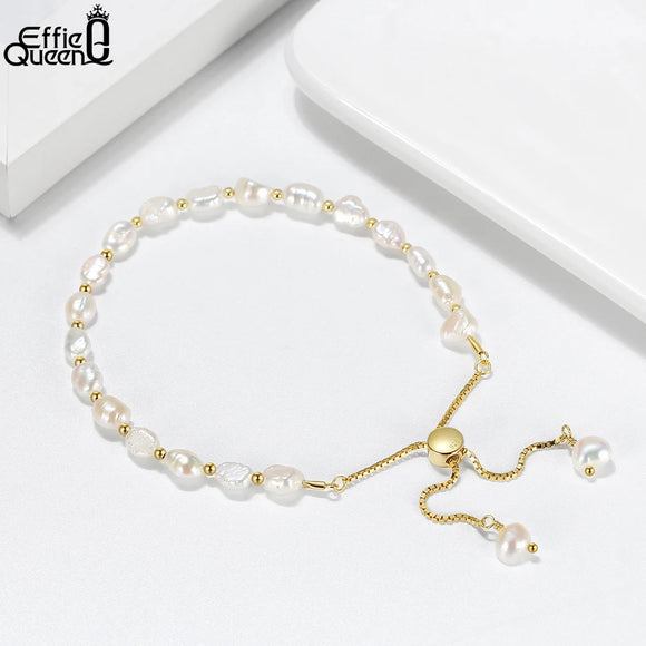 EFFIE QUEEN 925 Sterling Silver Natural Baroque Pearl Bracelet 14K Gold Adjustable Chain Link Bracelets for Women Jewelry GPB09