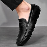 Business Leather Men Shoes Summer Slip on Loafers Breathable Men Casual Leather Soft Shoes Black Flats Driving Shoes Moccasins