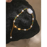 Yhpup Luxury Baroque Natural Epidote Stone Freshwater Pearls Handmade Stainless Steel Beads Bracelet Bangle PVD Jewelry Women