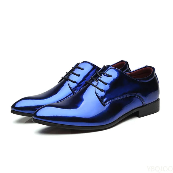 Patent Leather Men Wedding Shoes Gold Blue Red White Oxfords Shoes Designer Pointed Toe Dress Shoes Big Size 37-48