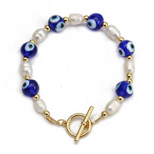 Lucky Eye Natural Freshwater Pearl Beaded Bracelet Blue Evil Eye Bead Charm Bracelet for Women Girls Men Fashion Jewelry BE647