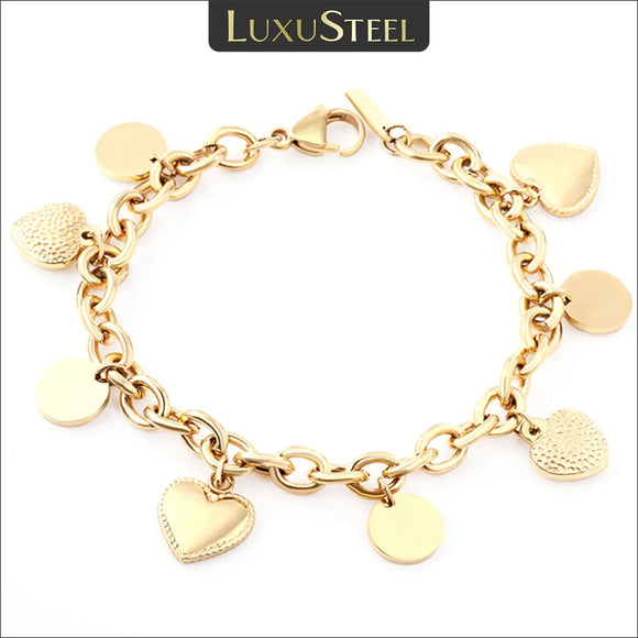LUXUSTEEL Stainless Steel Heart Coin Charm Bracelet for Women Girl Gold Color Cuban Link Chain Bracelet Jewelry Gift 20cm