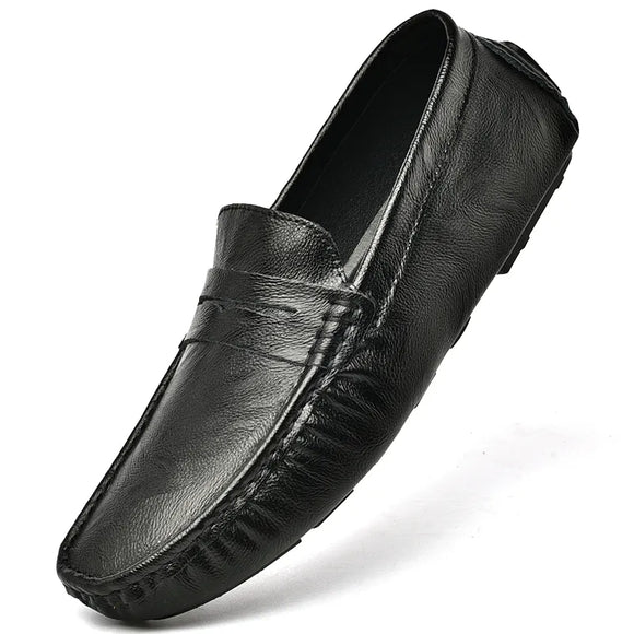 Business Leather Men Shoes Summer Slip on Loafers Breathable Men Casual Leather Soft Shoes Black Flats Driving Shoes Moccasins