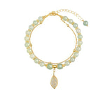 Chinese Style Green Hetian Jade Bracelet For Women Vintage Gold Color Leaves Double Layer Beaded Bracelet Jewelry Gifts