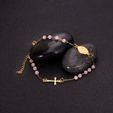 LUXUSTEEL Crystal Beaded Jesus Cross Charm Bracelet Stainless Steel Extender Hand Chain for Women Pink/Blue Summer Beach Jewelry