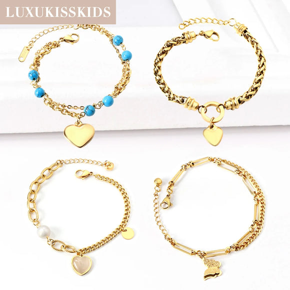 LUXUKISSKIDS Gold Plated Bracelets Chunky Cute Heart Eyes Charms Woman's Wrist Bracelet Steel Pulseras Jewelry Y2K Accessories