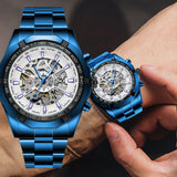 Forsining Fashion Blue Watches Waterproof Steampunk Stainless Steel Male Automatic Skeleton Mechanical Wristwatch Relojes Hombre