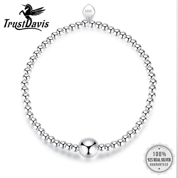 Trustdavis Fashion Genuine 925 Sterling Silver Minimalist 3mm Width Beads elastic Bracelet For Women Wedding Jewelry Gift DS2277