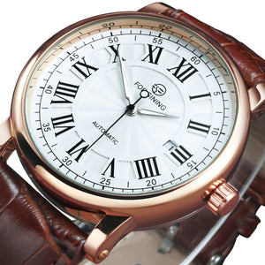 Forsining Classic Retro Automatic Mens Watch Rose Gold Case Calendar Luxury Brand Brown Leather Belt Business Mechanical Watches