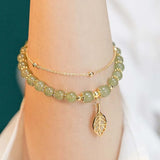 Chinese Style Green Hetian Jade Bracelet For Women Vintage Gold Color Leaves Double Layer Beaded Bracelet Jewelry Gifts