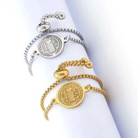 San Benito Bracelet 100% Stainless Steel Women Gold/Silver Color Metal Saint Bless Cross Medal Adjustable Chain