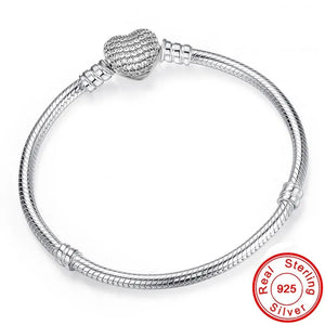Handmade Original 925 Solid Silver Heart Shape Charm Bracelet Snake Pandor  DIY Bead Bracelets Gift for Women