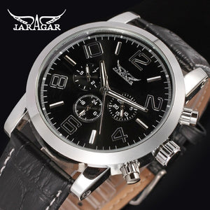 Jaragar 3 Dial Calendar Display Men Business Series Silver Case Men Watch Top Brand Luxury Genuine Leather Strap Automatic Watch